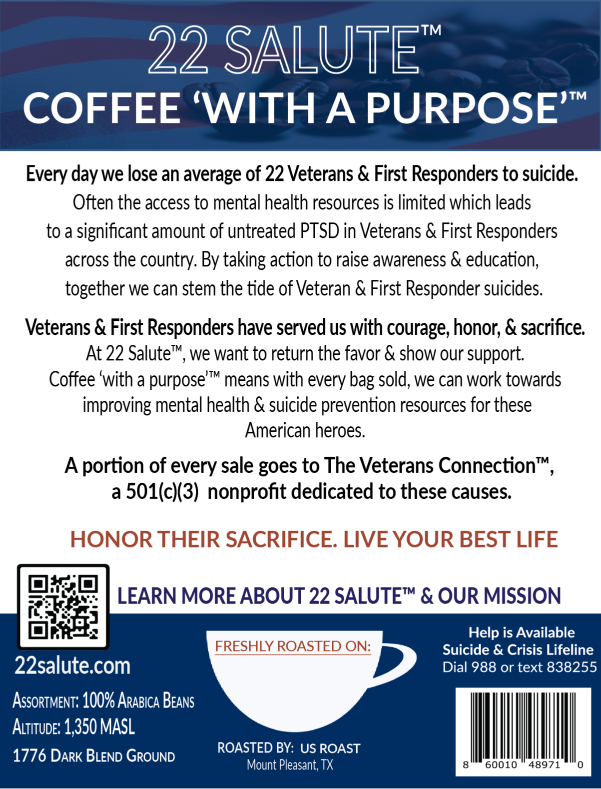 22 Salute Coffee 1776 Dark Blend, Dark Roast, Specialty Arabica Coffee, 5lb bag, Ground