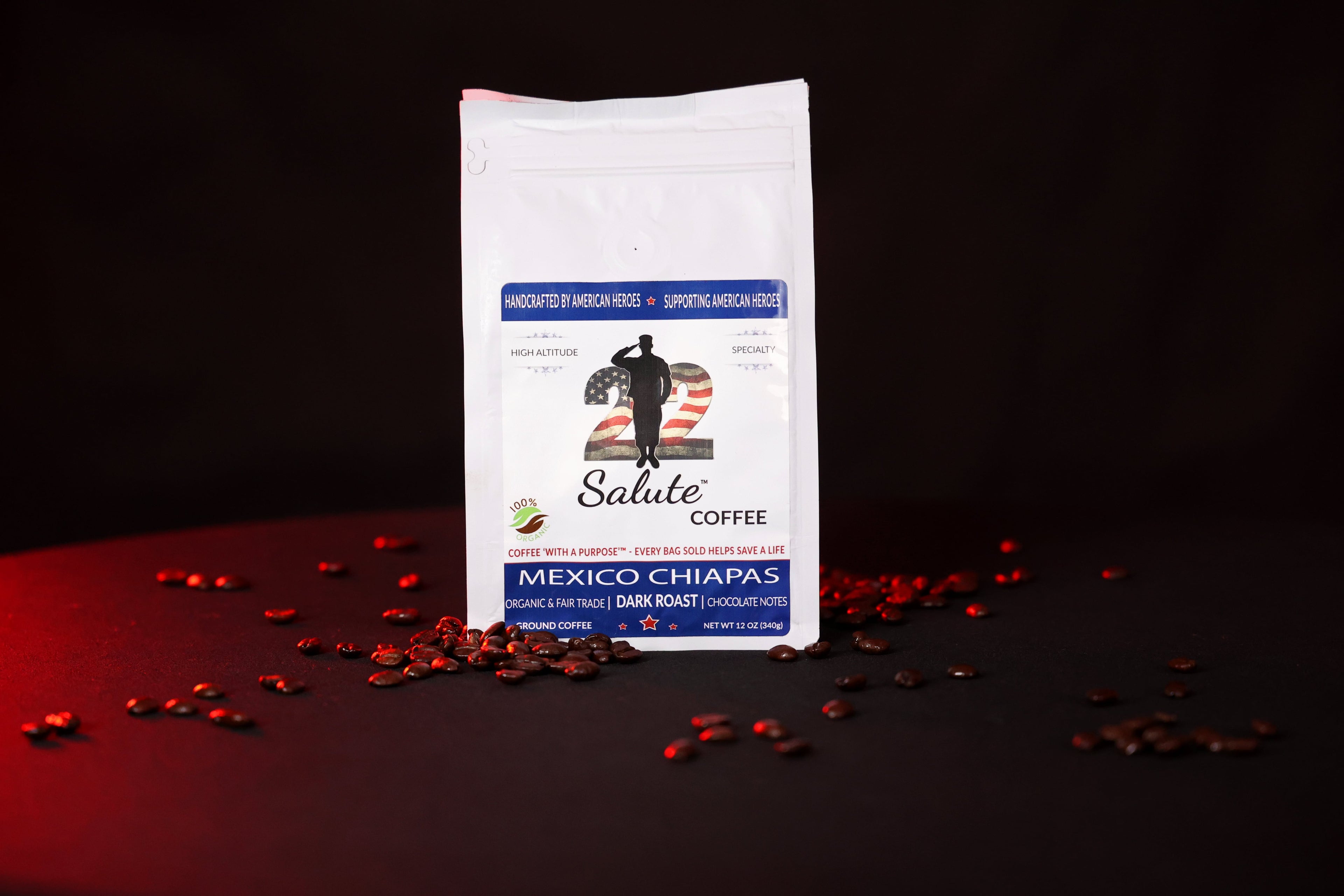 22 Salute Coffee Organic Mexico Chiapas, Dark Roast, Single Origin, Specialty Arabica Coffee, 12oz bag, Ground