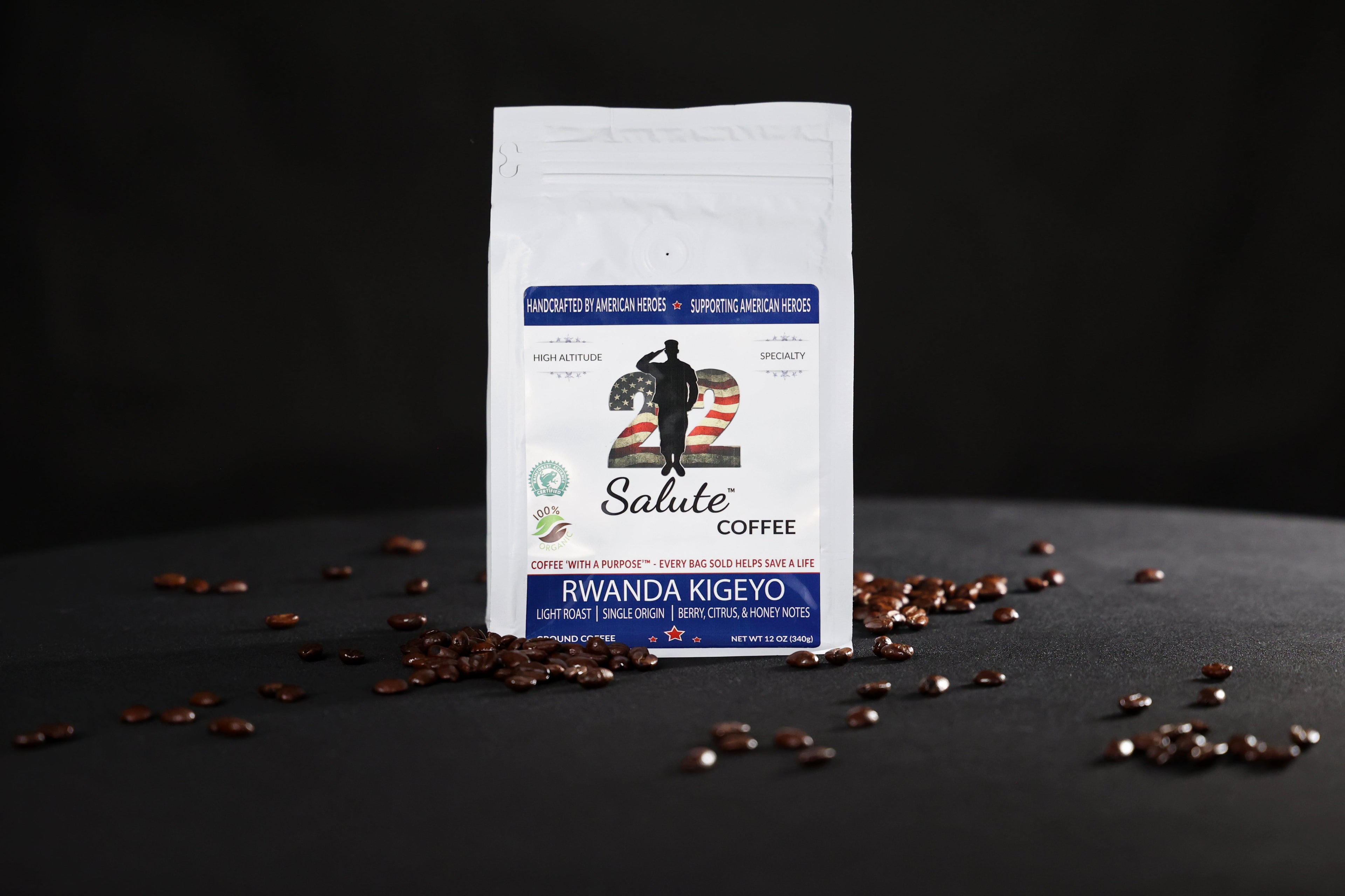 22 Salute Coffee Organic Rwanda Kigeyo, Light / Medium Roast, Single Origin, Specialty Arabica Coffee, 12oz bag, Ground