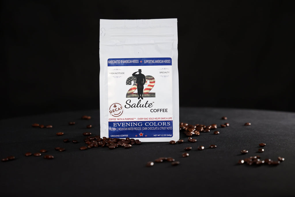 22 Salute Coffee Evening Color Decaf MWP, Medium Roast, Specialty Arabica Coffee, 12oz bag, Whole Bean
