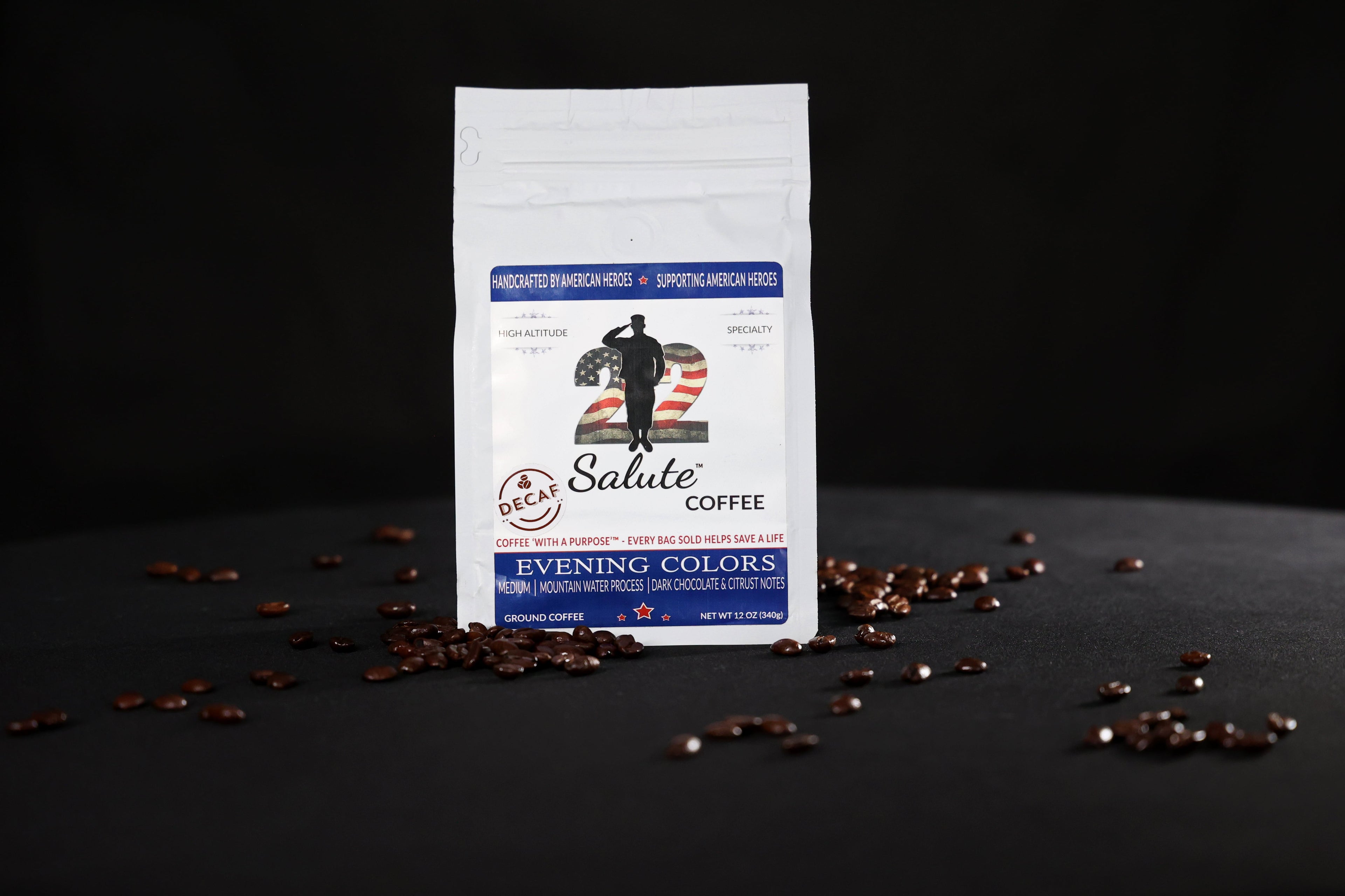 22 Salute Coffee Evening Color Decaf MWP, Medium Roast, Specialty Arabica Coffee, 12oz bag, Ground
