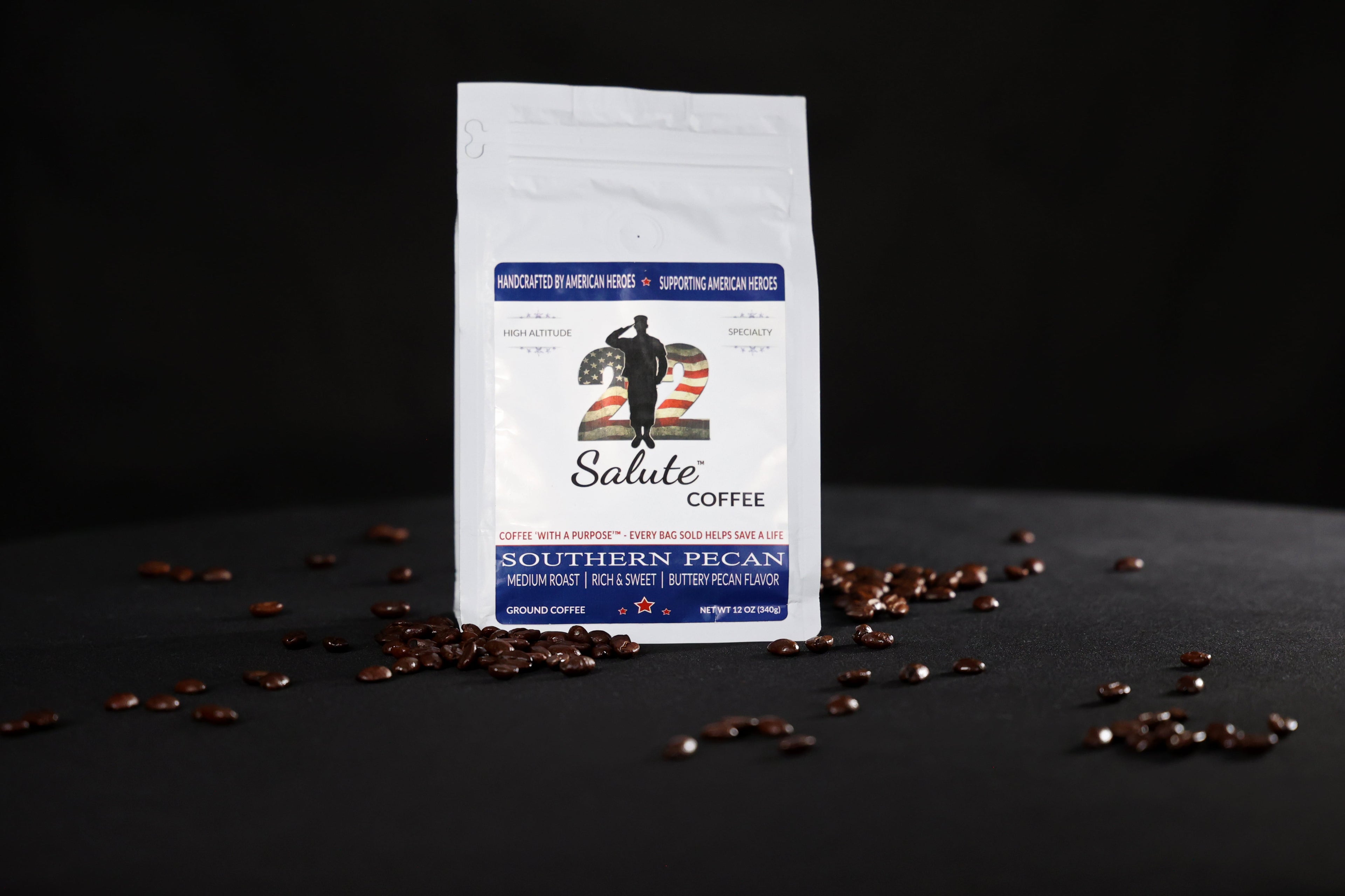 22 Salute Coffee Southern Pecan, Medium Roast, Specialty Arabica Coffee, 12oz bag, Ground