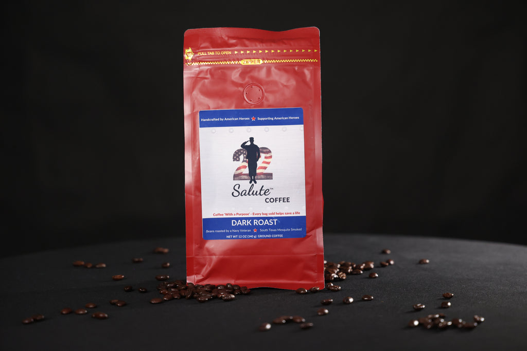 22 Salute Coffee Texas Mesquite Smoked, Dark Roast, Specialty Arabica Coffee, 12oz bag, Ground