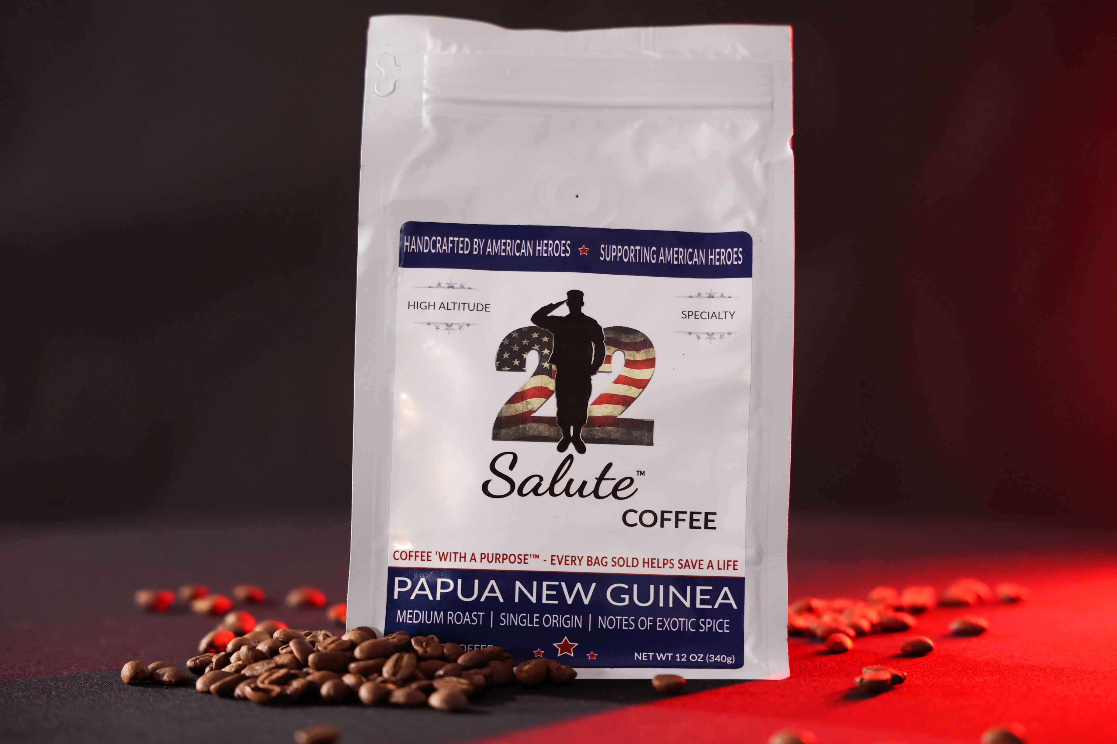 22 Salute Coffee Papua New Guinea, Medium Roast, Specialty Single Origin Arabica Coffee, 12oz bag, Ground