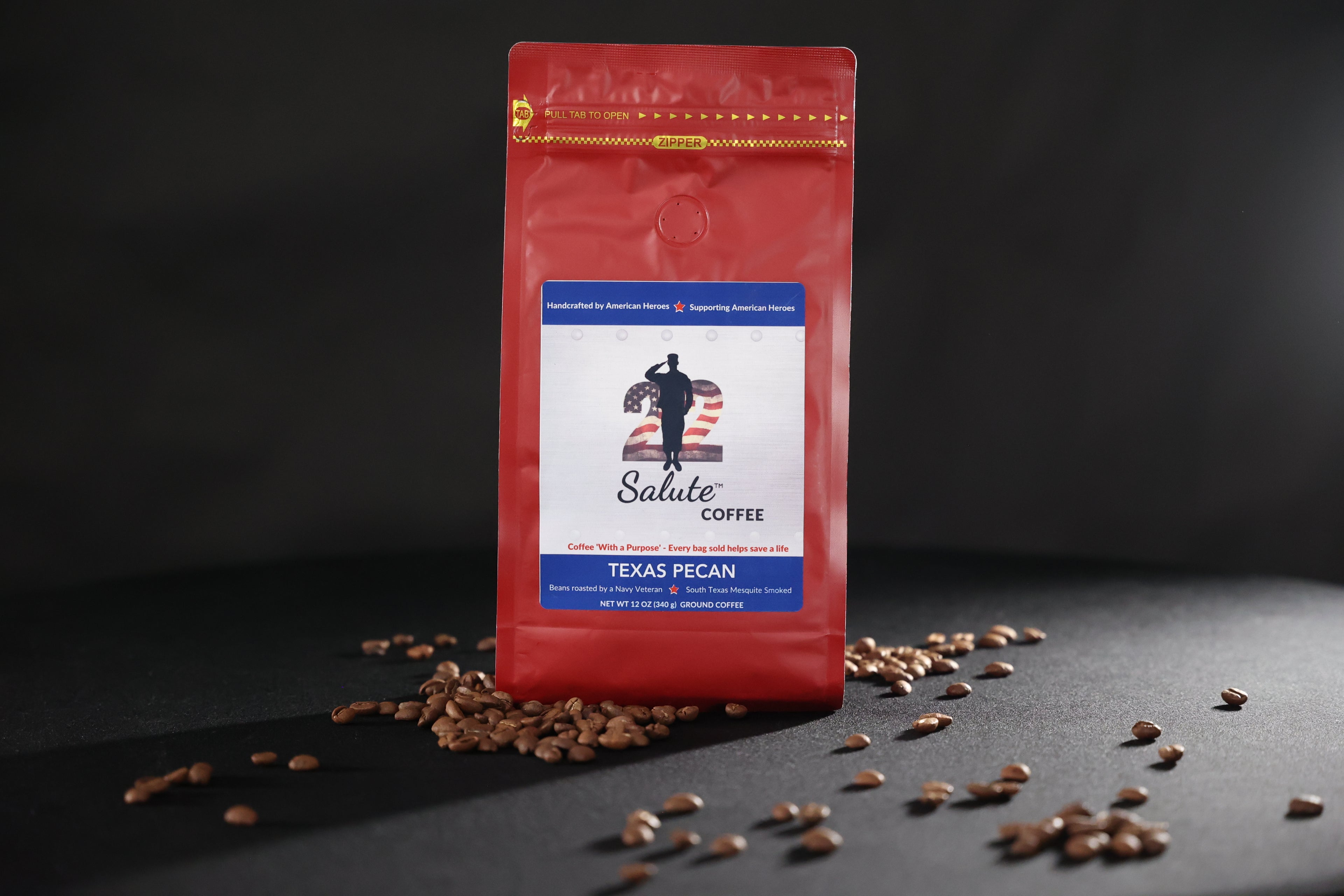 22 Salute Coffee 'With a Purpose', Texas Mesquite Smoked, Texas Pecan, Specialty Arabica Coffee, 12oz bag, Ground