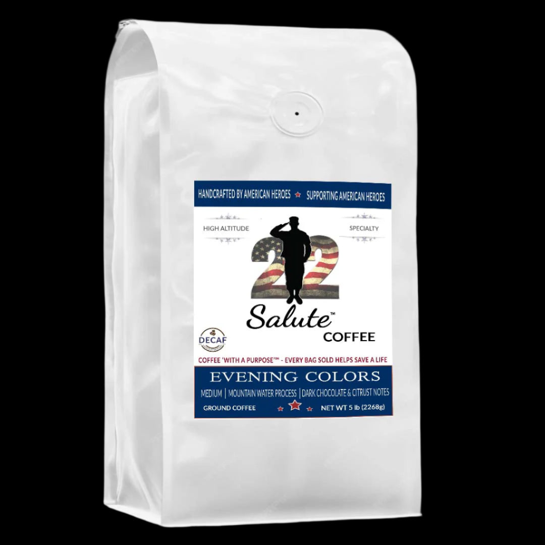22 Salute Coffee Evening Colors Decaf MWP, Medium Roast, Specialty Arabica Coffee, 5lb  bag, Ground