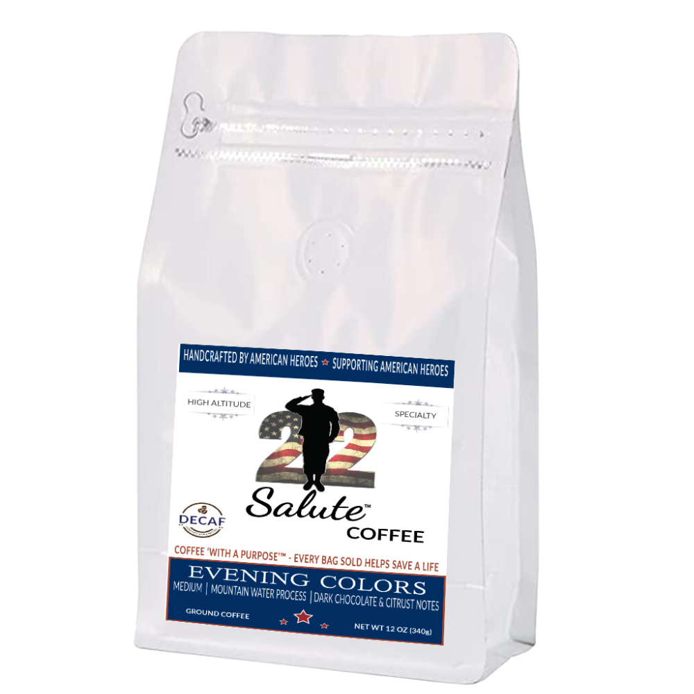 22 Salute Coffee Evening Color Decaf MWP, Medium Roast, Specialty Arabica Coffee, 12oz bag, Ground