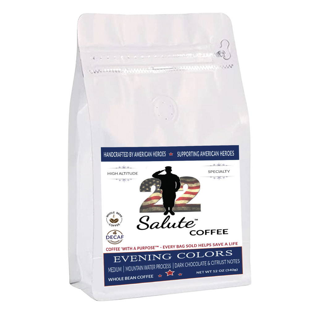 22 Salute Coffee Evening Color Decaf MWP, Medium Roast, Specialty Arabica Coffee, 12oz bag, Whole Bean