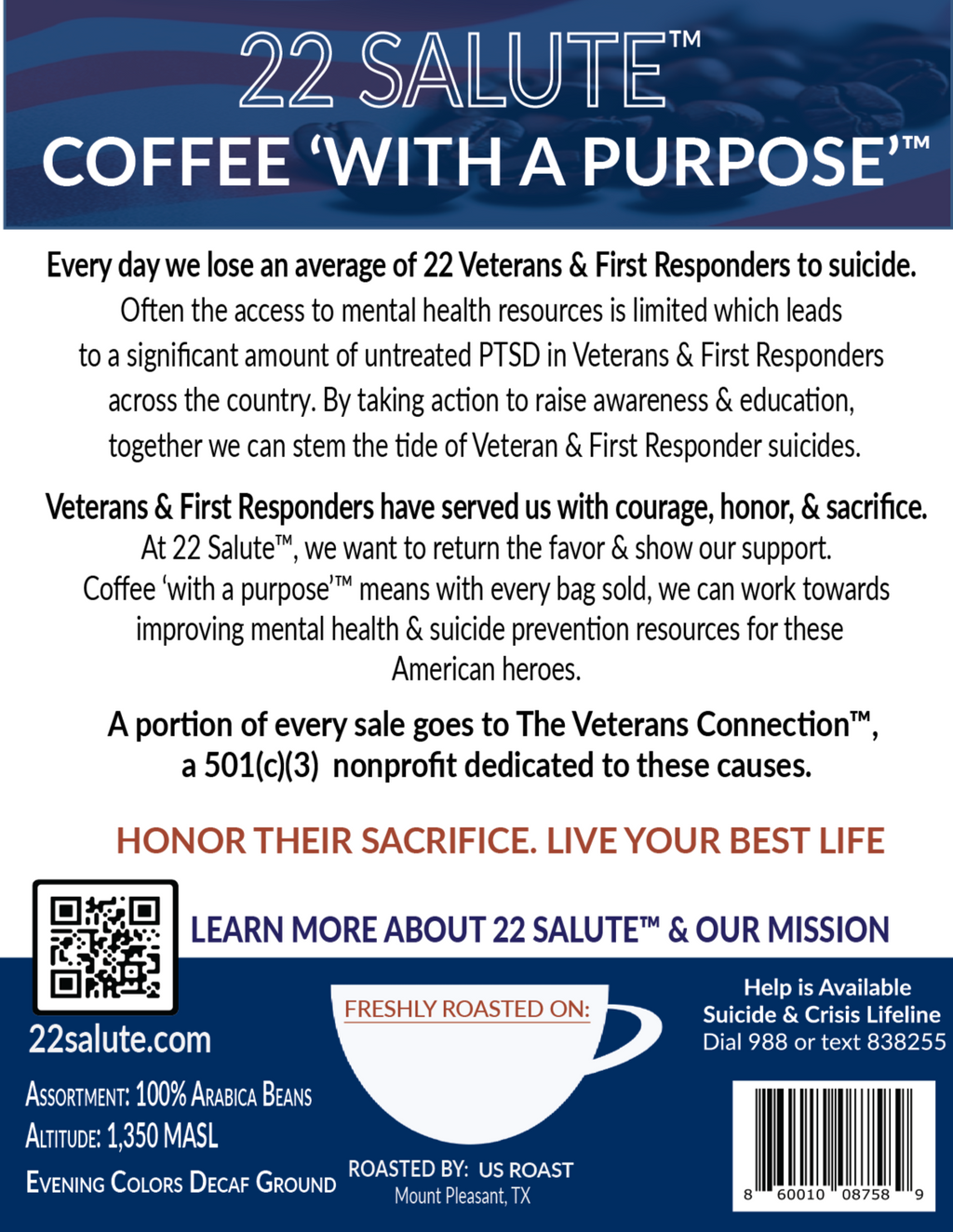 22 Salute Coffee Evening Color Decaf MWP, Medium Roast, Specialty Arabica Coffee, 5lb bag, Whole Bean