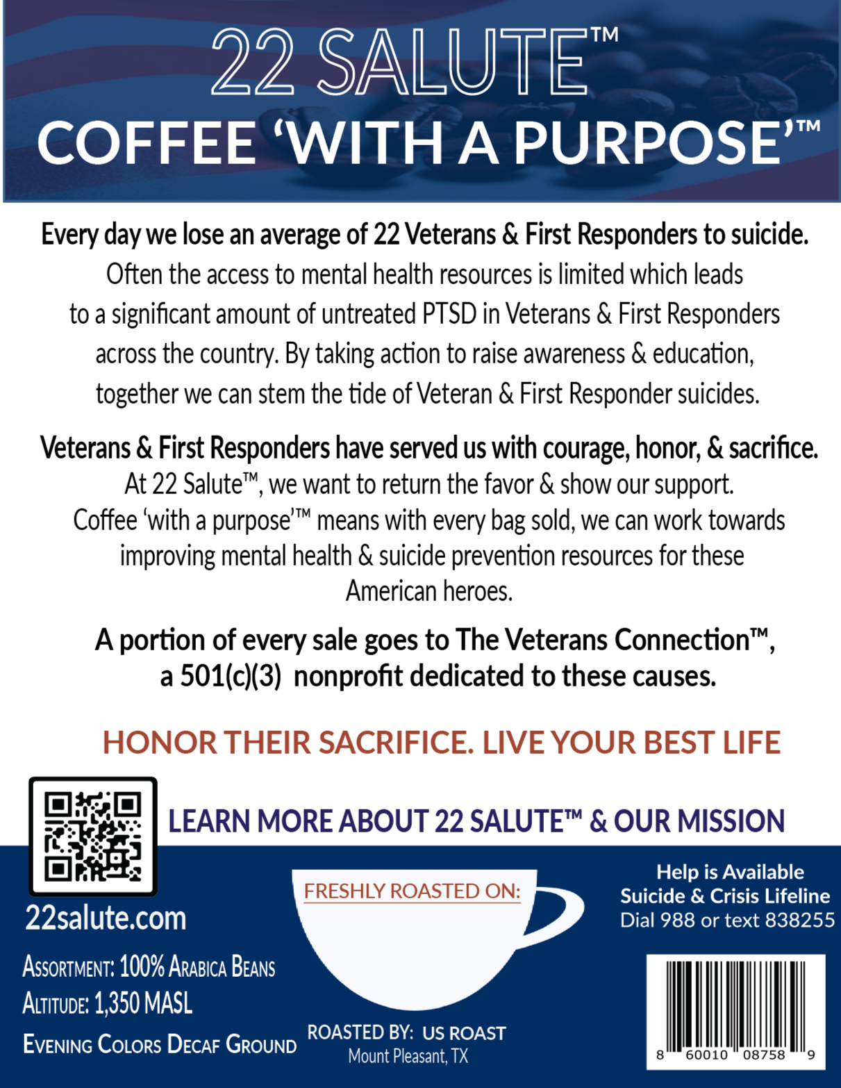 22 Salute Coffee Evening Color Decaf MWP, Medium Roast, Specialty Arabica Coffee, 5lb bag, Whole Bean
