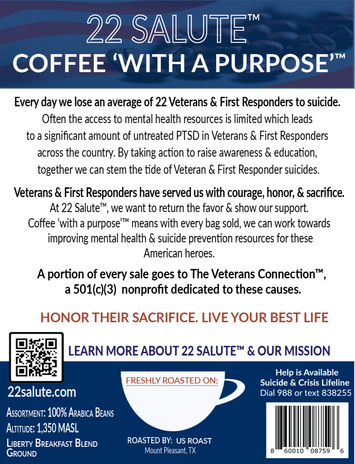 22 Salute Coffee Liberty Blend, Medium Roast, Specialty Arabica Coffee, 5lb bag, Whole Bean