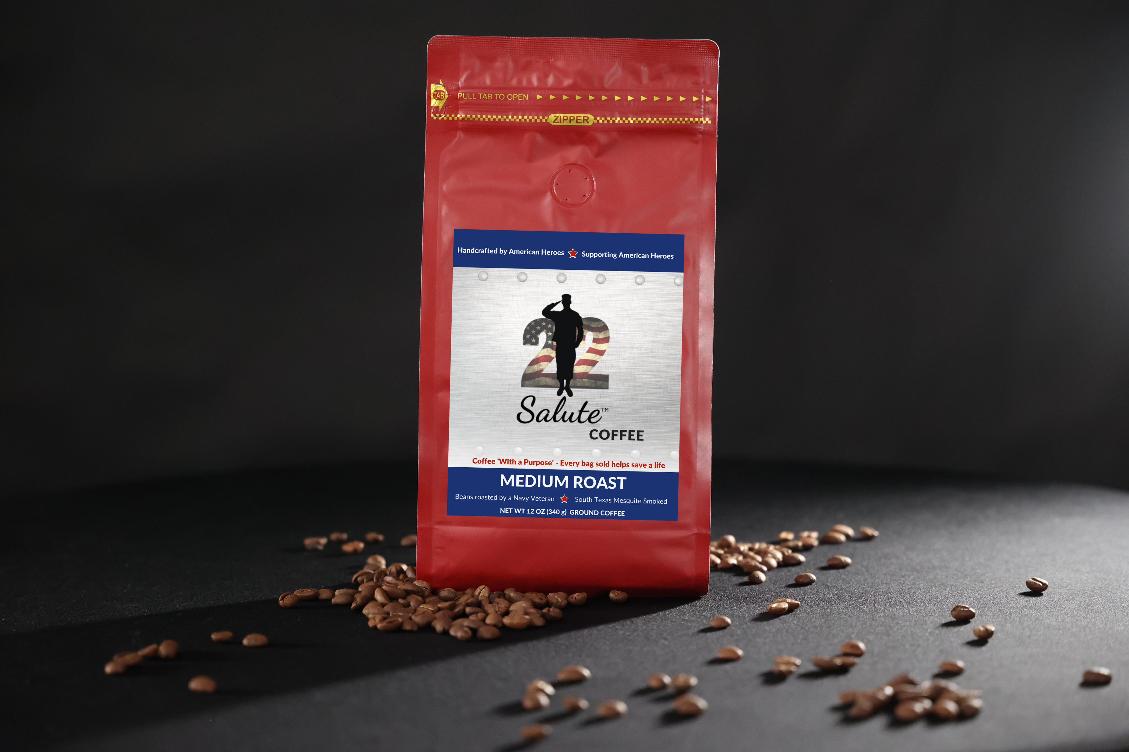 22 Salute Coffee 'With a Purpose', Texas Mesquite Smoked, Medium Roast, Specialty Arabica Coffee, 12oz bag, Ground