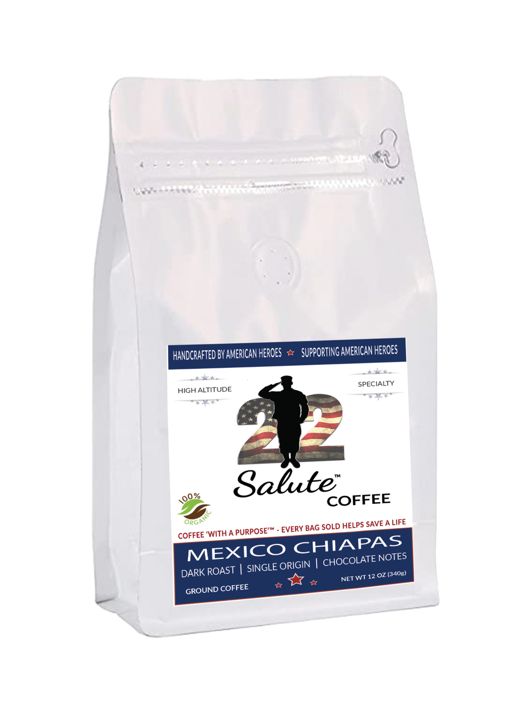 22 Salute Coffee Organic Mexico Chiapas, Medium Roast, Single Origin, Specialty Arabica Coffee, 12oz bag, Ground