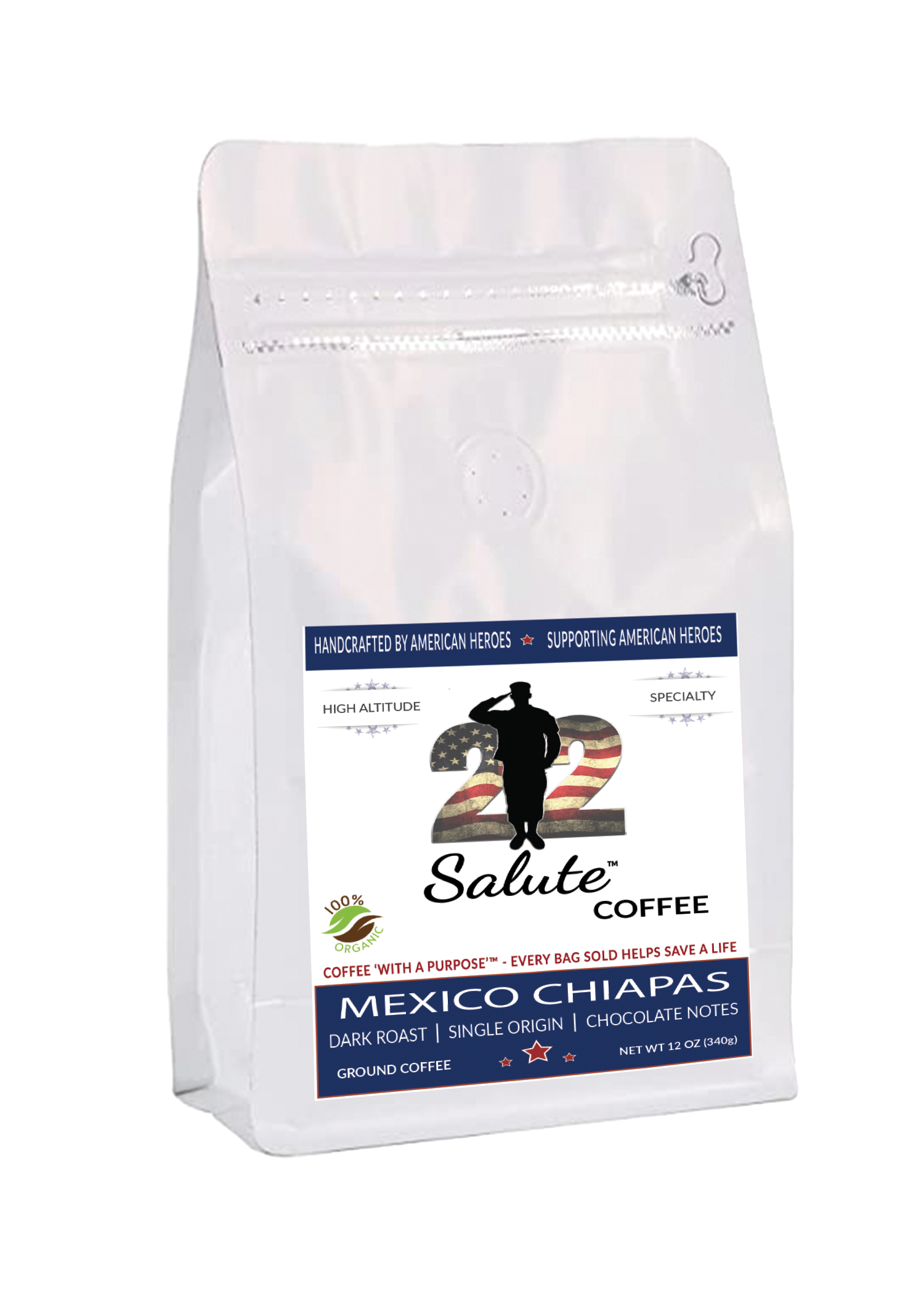 22 Salute Coffee Organic Mexico Chiapas, Medium Roast, Single Origin, Specialty Arabica Coffee, 12oz bag, Ground