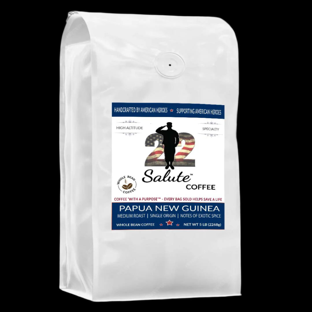 22 Salute Coffee Papua New Guinea, Medium Roast, Specialty Single Origin Arabica Coffee, 5lb bag, Whole Bean