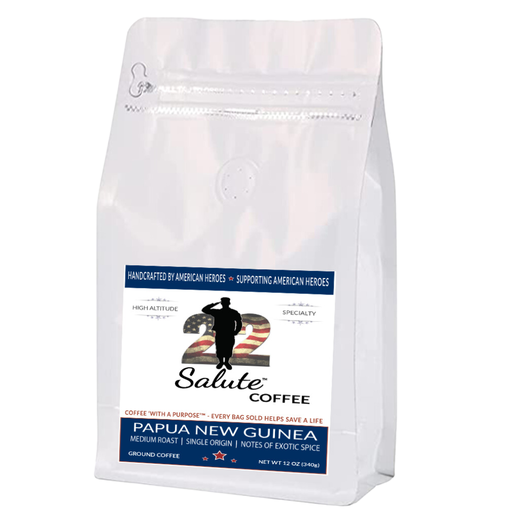 22 Salute Coffee Papua New Guinea, Medium Roast, Specialty Single Origin Arabica Coffee, 12oz bag, Ground