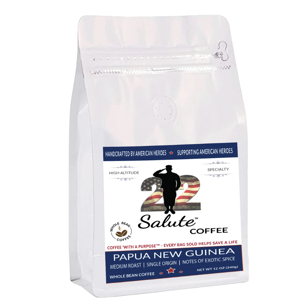 22 Salute Coffee Papua New Guinea, Medium Roast, Specialty Single Origin Arabica Coffee, 12oz bag, Whole Bean