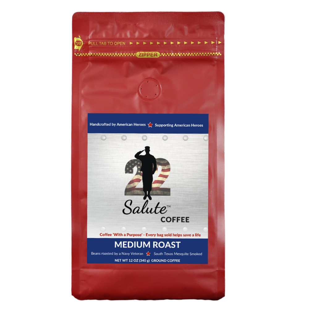 22 Salute Coffee 'With a Purpose', Texas Mesquite Smoked, Medium Roast, Specialty Arabica Coffee, 12oz bag, Ground
