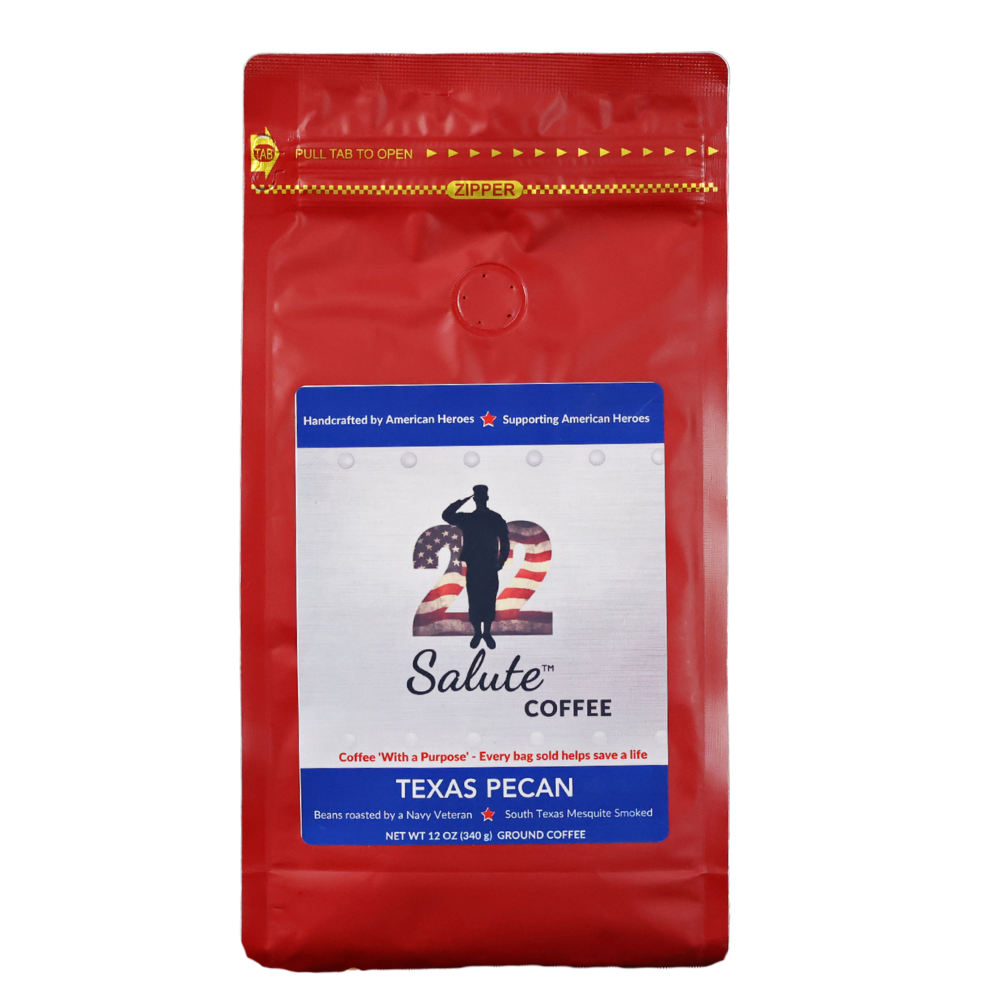 22 Salute Coffee 'With a Purpose', Texas Mesquite Smoked, Texas Pecan, Specialty Arabica Coffee, 12oz bag, Ground