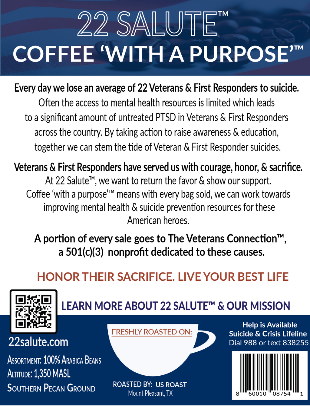 22 Salute Coffee Southern Pecan, Medium Roast, Specialty Arabica Coffee, 5lb bag, Whole Bean