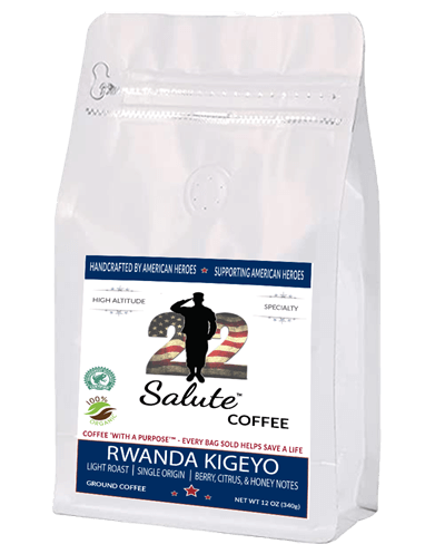 22 Salute Coffee Organic Rwanda Kigeyo, Light / Medium Roast, Single Origin, Specialty Arabica Coffee, 12oz bag, Ground